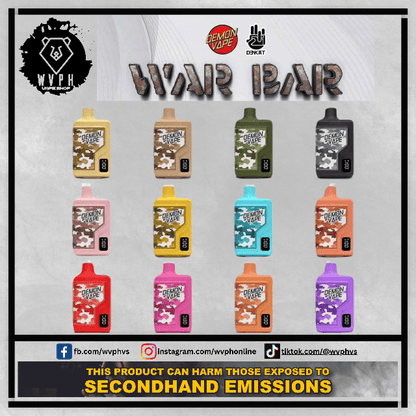 Demon Vape, Demon Vape Disposable, Demon Vape juice, Demon Vape War Bar front side, Demon Vape War Bar closed-up, Demon Vape War Bar rear view, Demon Vape War Bar review, Demon Vape War Bar shopee