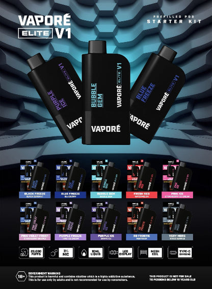 Vapore Elite V1 15k Puffs / Black V1 Batt Compatible