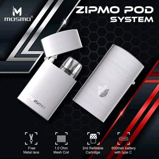 zipmo vape, zipmo pod, zipmo kit, zipmo refillable, zipmo facebook, zipmo front side, zipmo closed-up, zipmo silver