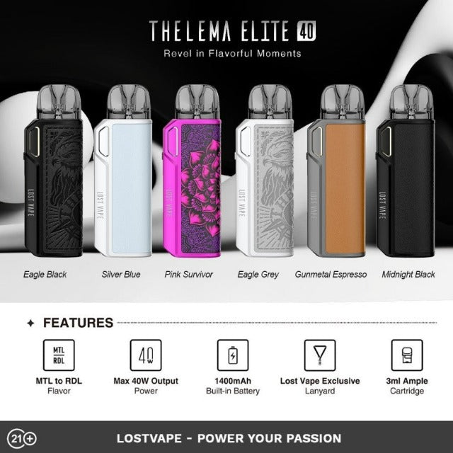 Lost vape thelema elite 40, thelema vape, thelema elite 40 features, thelema elite 40 colors